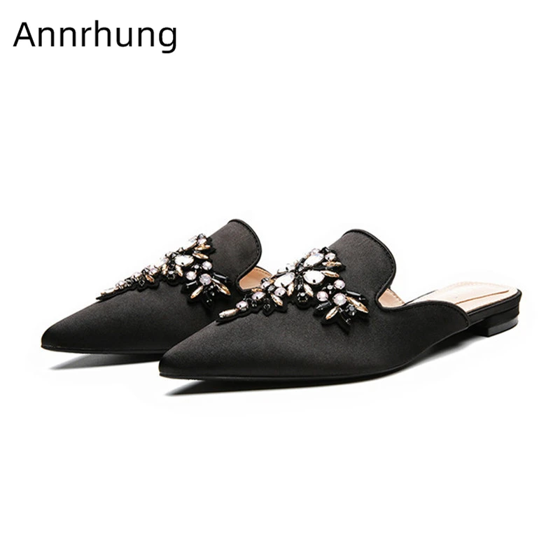 

Crystal Flower Black Satin Slippers Women Pointed Toe Flat Outwear Summer Shoes Rhinestone Decor Fashion Slide Shoes Woman