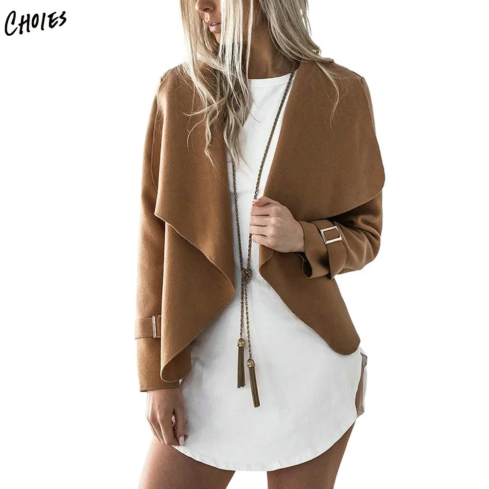 Women Wide Lapel Waterfall Open Front Jacket Coat Autumn Long Sleeve