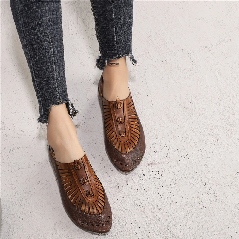 

Women Leather Flats Pointed Toe Brand Loafers Women Spring Shoes Low Heel 2019 Retro Fashion Handmade Women Genuine Leather Flat