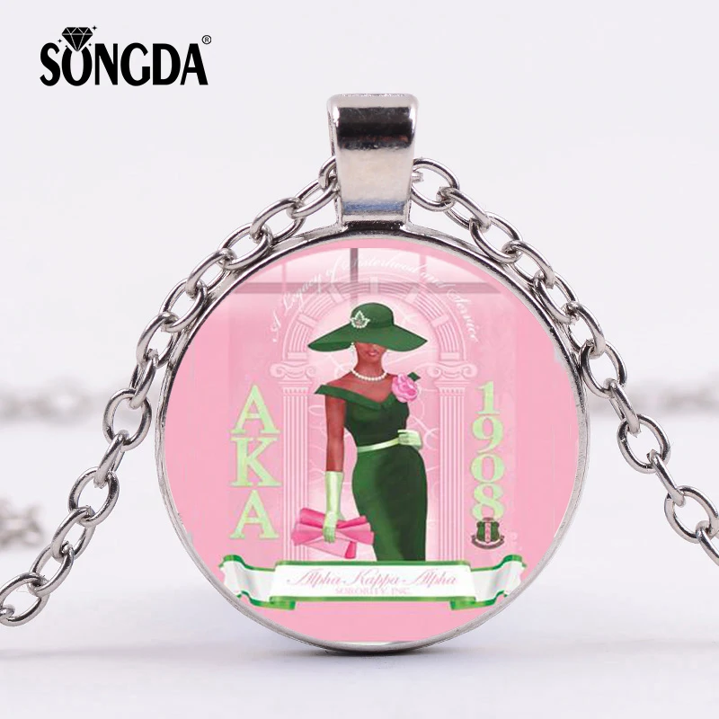 

SONGDA 2019 Hot AKA Logo Charm Necklace Alpha Kap Alpha Sorority Pink Green Design Art Pictures Glass Dome Women Fashion Jewelry