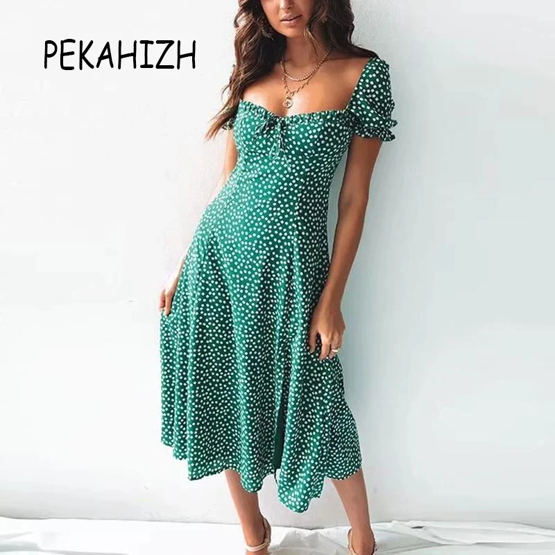 

Summer dress 2019 Vintage boho green floral long dress Sexy vestidos short sleeve chiffon beach dress korean ladies dresses
