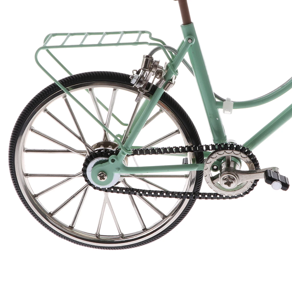 1/10 Mini Green Bike Alloy Diecast Models Bicycle with Basket & Seat Replica Toy