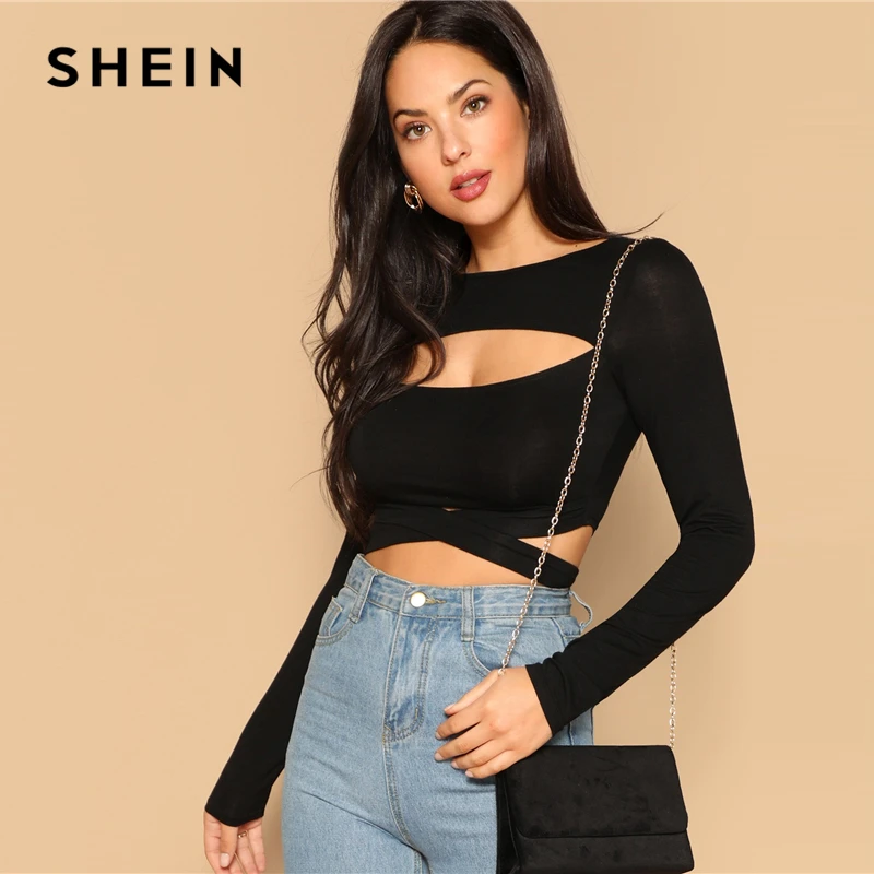 

SHEIN Sexy Black Cutout Front Cross Wrap Fitted Crop T Shirt Women Spring Round Neck Long Sleeve Solid Night Out Tshirt Tops
