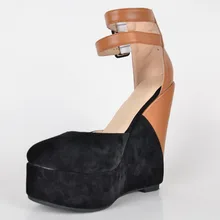 Black and Brown Round Toe Wedges Two Piece Ankle Strap Platform High Heels Ladies Shoes Made-to-order Plus Size Women Pumps
