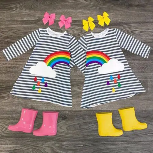 

2018 Brand New Baby Kids Girls Sisters Striped Long Sleeve Rainbow Print Dress Party Pageant Princess Dress Casual Dress 1-6T