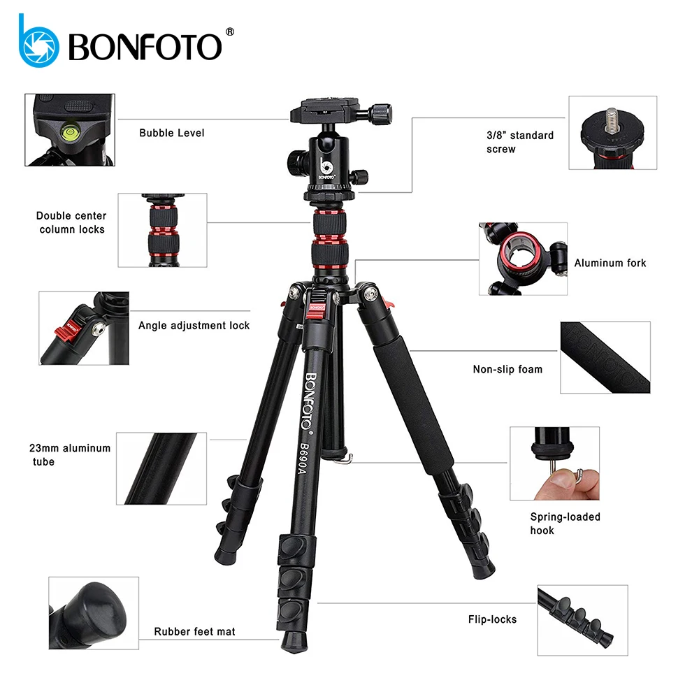  BONFOTO B690A Lightweight Tripod Monopod Portable Travel Camera Stand with Ball Head and Carry Bag 
