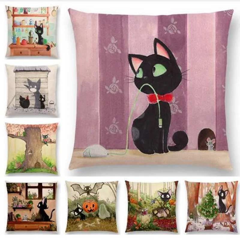 

Newest Cute Cartoon Sofa Pillow Cover Black and White Cat Funny Fox Cushion Cover Throw pillowcase