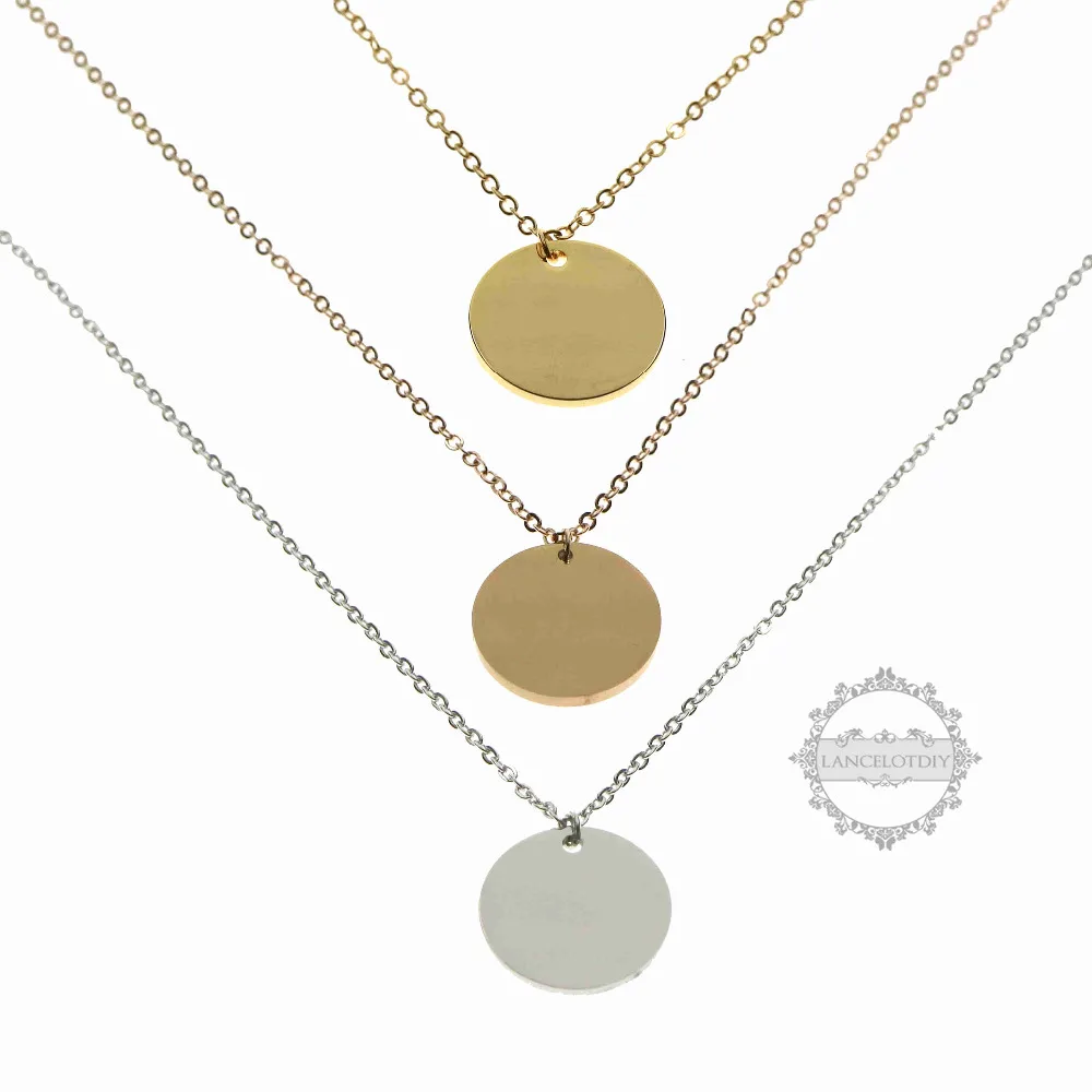 

gold silver round pendant charm for customized monogram personalized name engraved statement necklace 16''+2'' 6390377