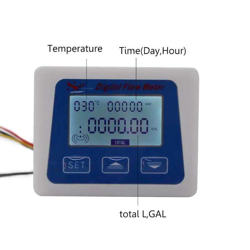 LCD مقياس تدفق رقمي مقياس الجريان المياه درجة الحرارة وقت قياسي مع G1/2 تدفق الاستشعار