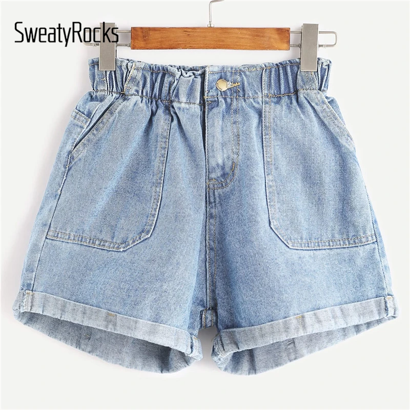 

SweatyRocks Plus Rolled Hem Pocket Denim Shorts Women Streetwear Casual Blue Shorts 2019 Summer Womens Solid Jeans Shorts