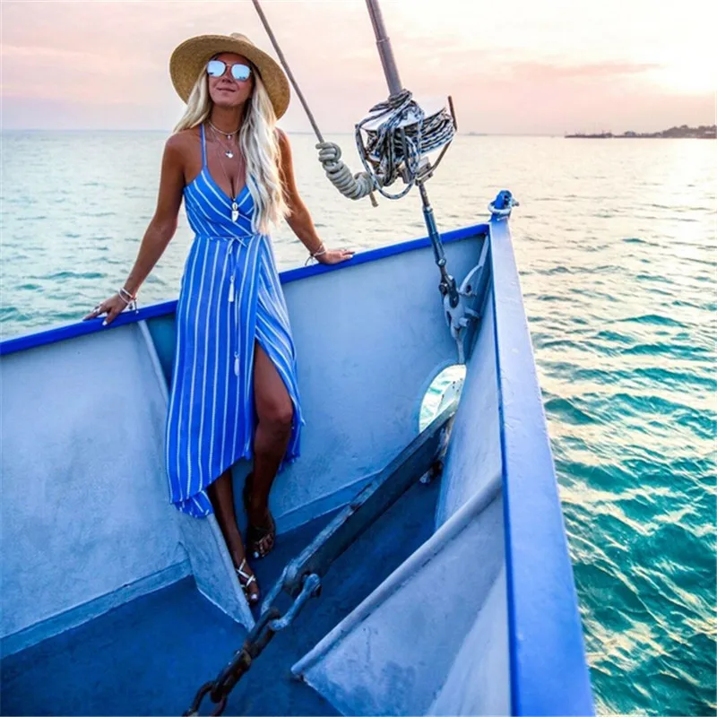 

Hot New Womens Boho Maxi Dress Fashion Ladies Evening Party Blue Striped Beach Dresses Suspenders V-neck Summer Dresses Vestidos
