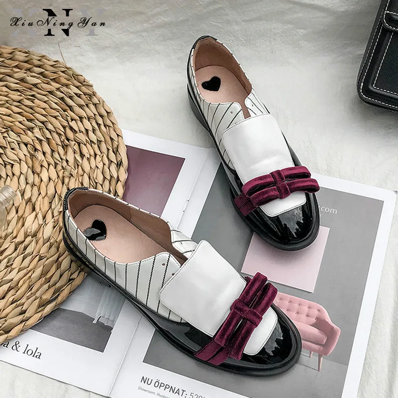 

High Quality Women Oxford Flats Mixed Colors Casual Shoes Woman Genuine Leather Bow-knot Slip-on Round Creeper Brogue Loafers