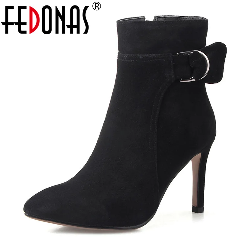 

FEDONAS New 2019 Women Cow Suede Ankle Boots Thin Heels Autumn Winter Buckles Ladies Shoes Woman Black Gray Office Pumps