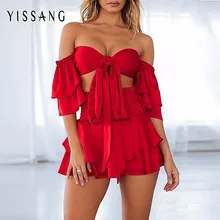 Yissang женский атласный укороченный топ с коротким рукавом и галстуком-бабочкой сексуальный комплект из 2 предметов платье подходящие шорты с рюшами атласное платье Vestidos