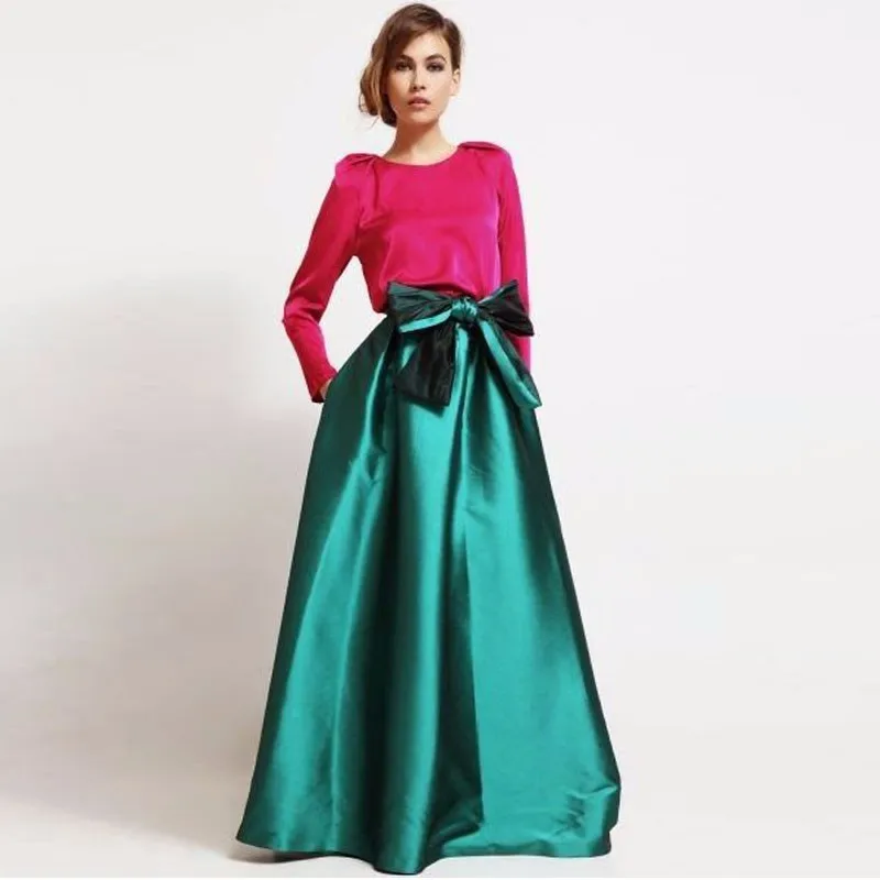 Graceful Emerald Long Satin Women Skirts For Women High Waist Invisible Zipper Floor Length Skirts With Chic Bows Maxi Saia