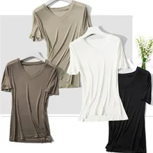 Шелковая смесь полиэстера, Женская весенне-летняя модная футболка с коротким рукавом и v-образным вырезом, футболки белого цвета, 4 цвета, S/L, розничная, Массовая