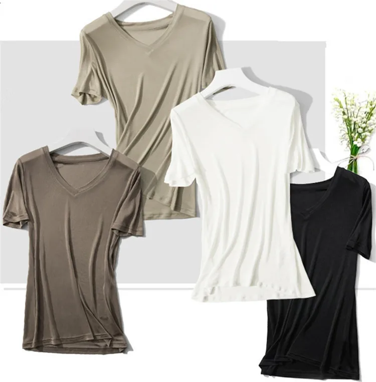 

silk polyerster blend women spring summer fashion tshirt short sleeve Vneck tees white 4color S/L retail mix bulk sale