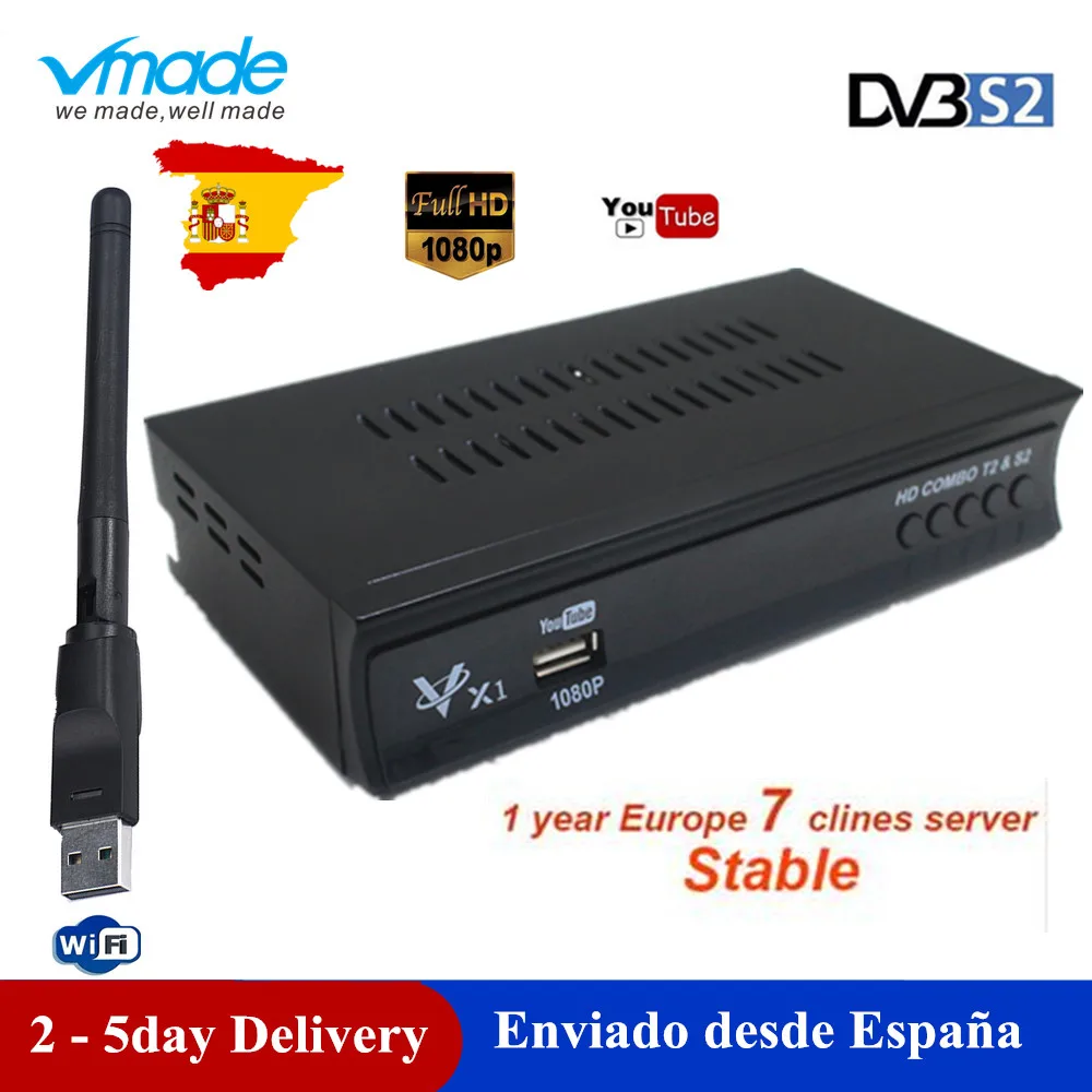 1 год Испания Европа Cline vmade X1 HD DVB-S2 DVB T2 FULL HD 1080P спутниковый ТВ приемник+ USB wifi Португалия Испания Германия ТВ тюнер