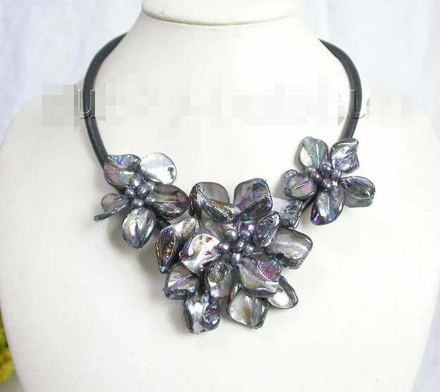

Baroque bloom black pearl choker leather necklace j7411^^^@^Noble style Natural Fine jewe FREE SHIPPING