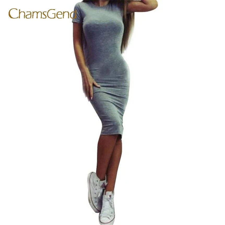 

CHAMSGEND Drop Shipping 2017 New Fashion Women Cotton Blend Casual Sexy Solid Short Sleeve Sheath Slim Mid-Calf Dress JUN20