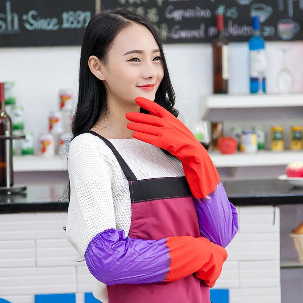 Household Gloves 1 Pair Household Waterproof Washing Up Long Sleeve Kitchen Dishes Cleaning Glove Red+Purple     July23