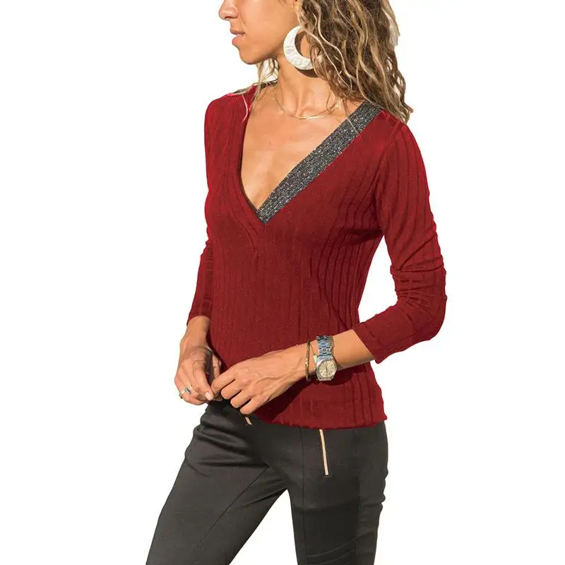 Осень Для женщин футболка с глубоким v-образным вырезом эластичные тонкие футболки Для женщин Длинные рукава Низкая-пуловер с вырезом