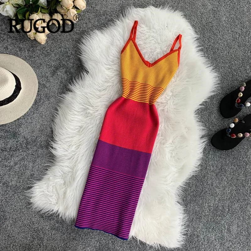 

RUGOD Fashion Contrast Color Knitted Dress Women V Neck High Elastic Bodycon Dress Boho Mini Dress Vestidos 2019 Summer