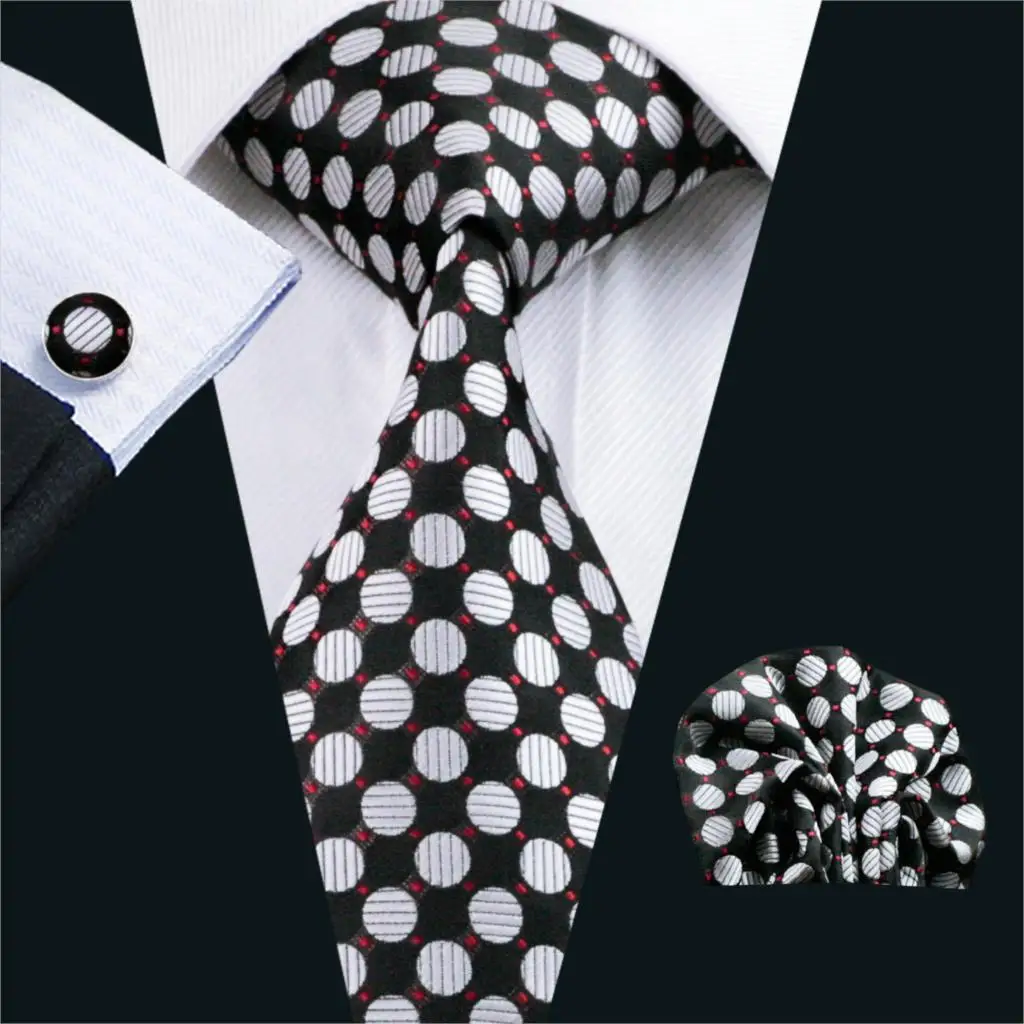 Fa-626 мужские галстук черный в горошек 100% шелк жаккард галстук Ханки Запонки Набор Бизнес Свадебная вечеринка Галстуки для Для мужчин;