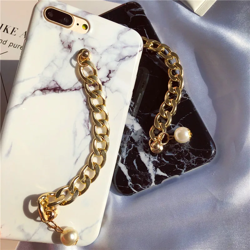 LUDI New Marble Case for iPhone X 8 7 7plus Pearl Gold Chain Wrest Strap Fundas for iPhone6plus 6 6s 8 plus Slim Cover for girl 2