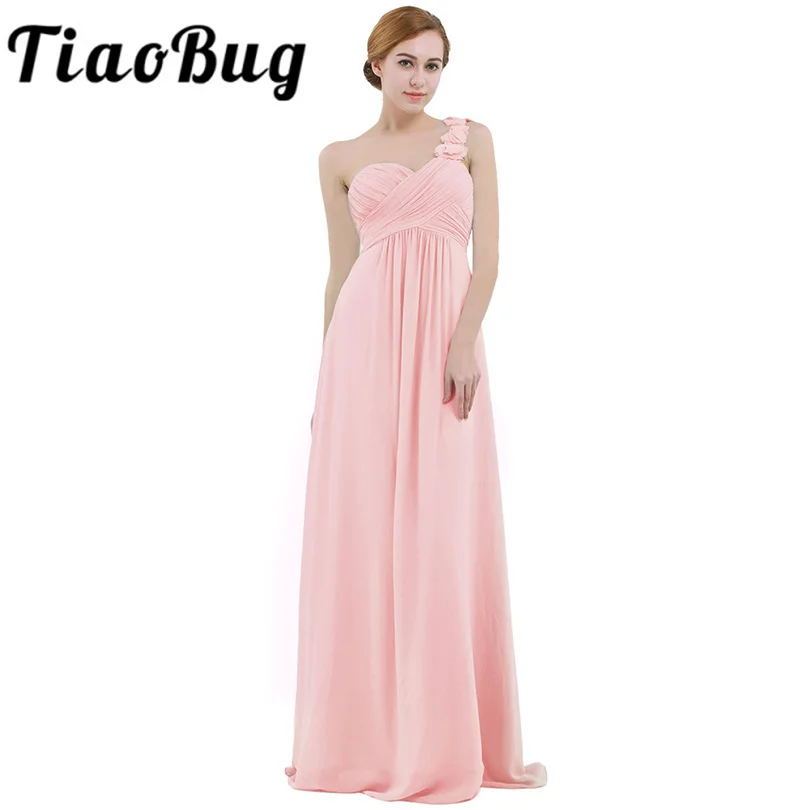 Pink Women Chiffon Bridesmaid Dress High waist Floor Length One shoulder Pleated Lace Wedding Party Bridesmaid Dresses Prom Gown