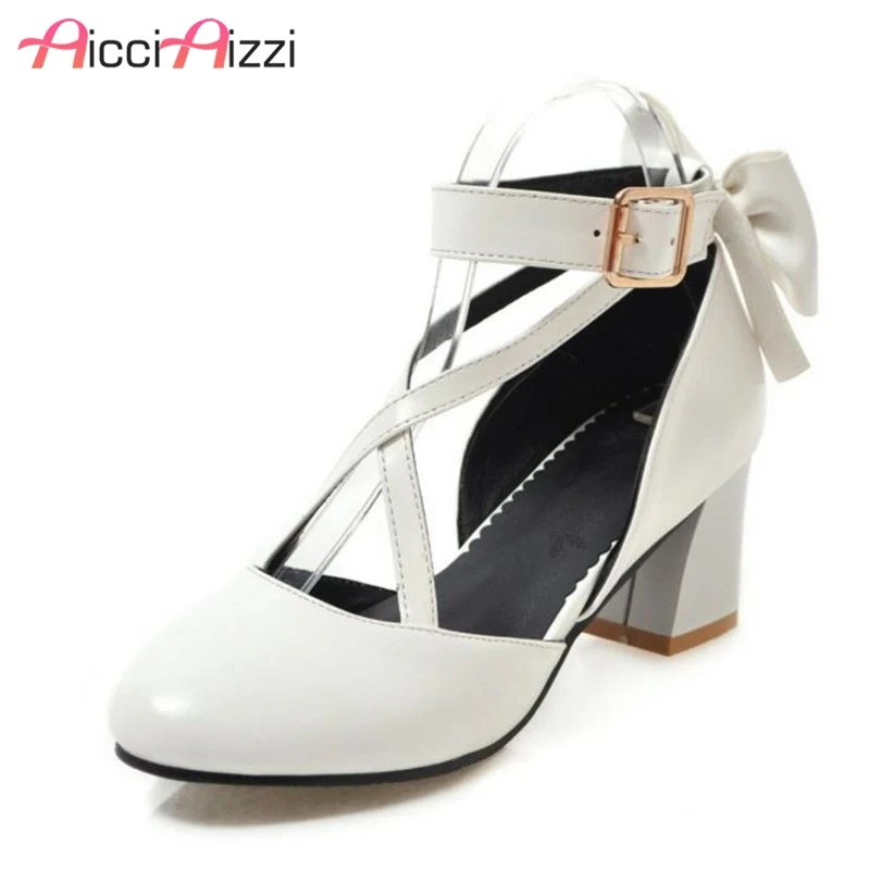 

AicciAizzi Size 29-43 Women Solid Color Sandals Square Heel Bowtie Sweet Shoes Women Metal Buckle Dress Sexy Party Mujer Shoes