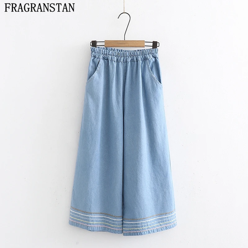 

Spring Summer New Women Denim Ankle-Length Pants Stripe Embroidery Trousers Casual Loose Plus Size Elastic High Waist Jeans Y382