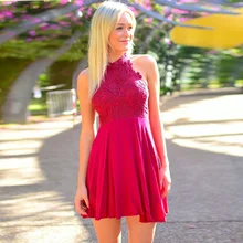 Pink Homecoming Kleider Kurze Spitze Chiffon Abschlussball-partei-kleid mit High Neck 2017 Günstige Cocktailkleider FX03