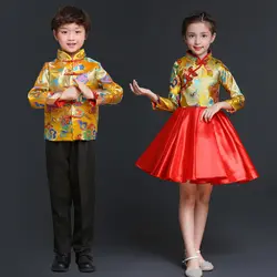 Ребенок китайский одежда на Новый год современной девушки Oriental Стиль дешевые платья Желтый Qipao Топ атласный китайский женский халат Дети Qi