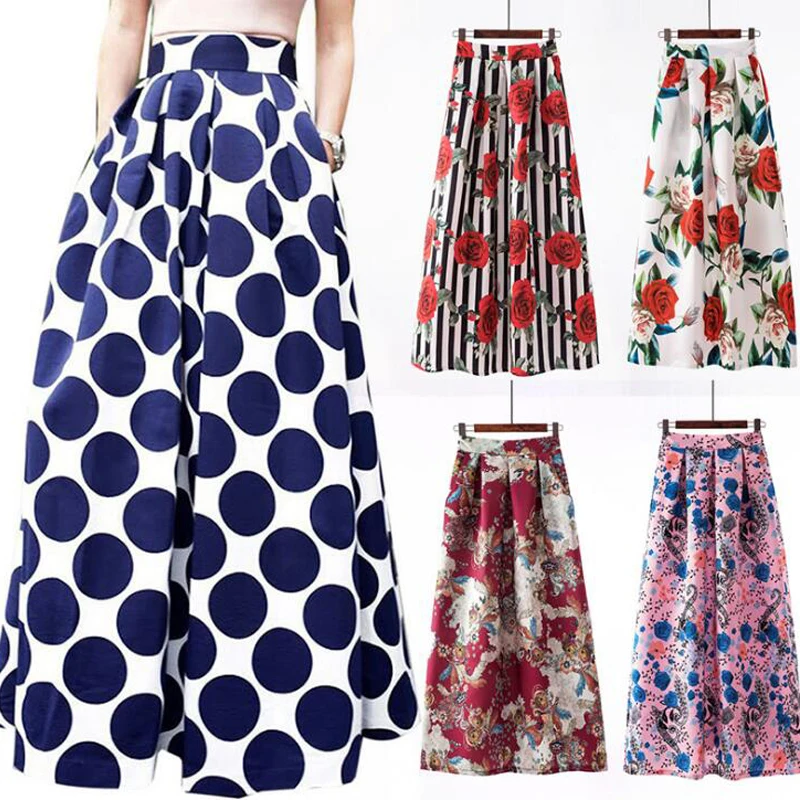 

Spring Summer Plus Size Women Skirt Vintage Long Skirts Floral Dot Print Ankle Length Wide Skirts High Waist Party Streetwear