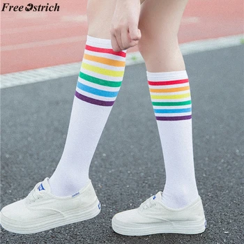 

FREE OSTRICH ladies cotton high to knee rainbow striped stockings black white sweat, deodorant anti-friction breathable