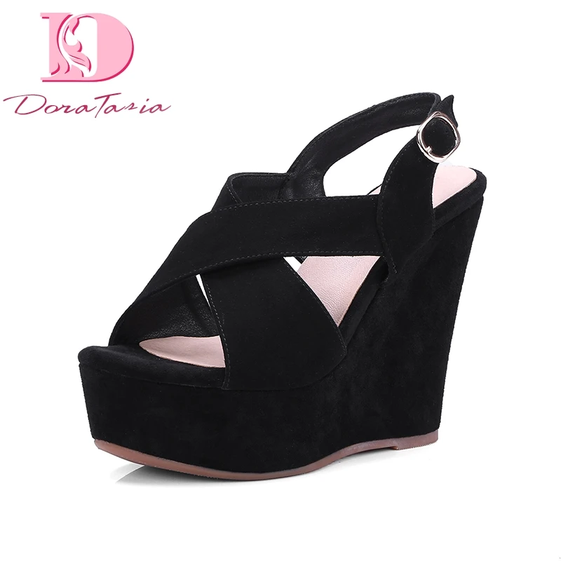 

DoraTasia Kid Suede Leather 2018 Summer Sandals Shoes Woman Sexy Platform Wedge high-heeled Black Gladiator Sandals