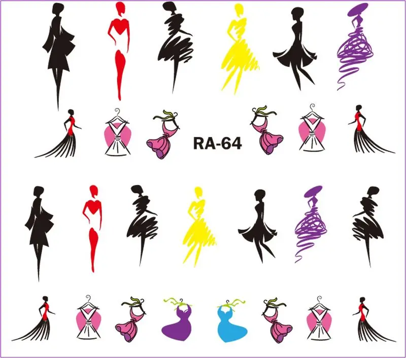 Искусство ногтей Красота вода наклейка слайдер UNI цвет мода шоу девушка абстрактная леди танцор балет RA061-066 - Цвет: RA064