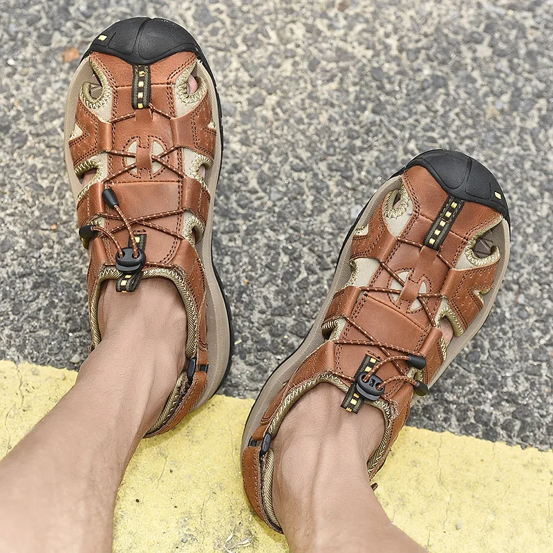 Новинка, мужские сандалии из натуральной кожи с закрытым носком, дышащие кроссовки, мужская летняя Уличная обувь, римские пляжные сандалии, размеры 38-45