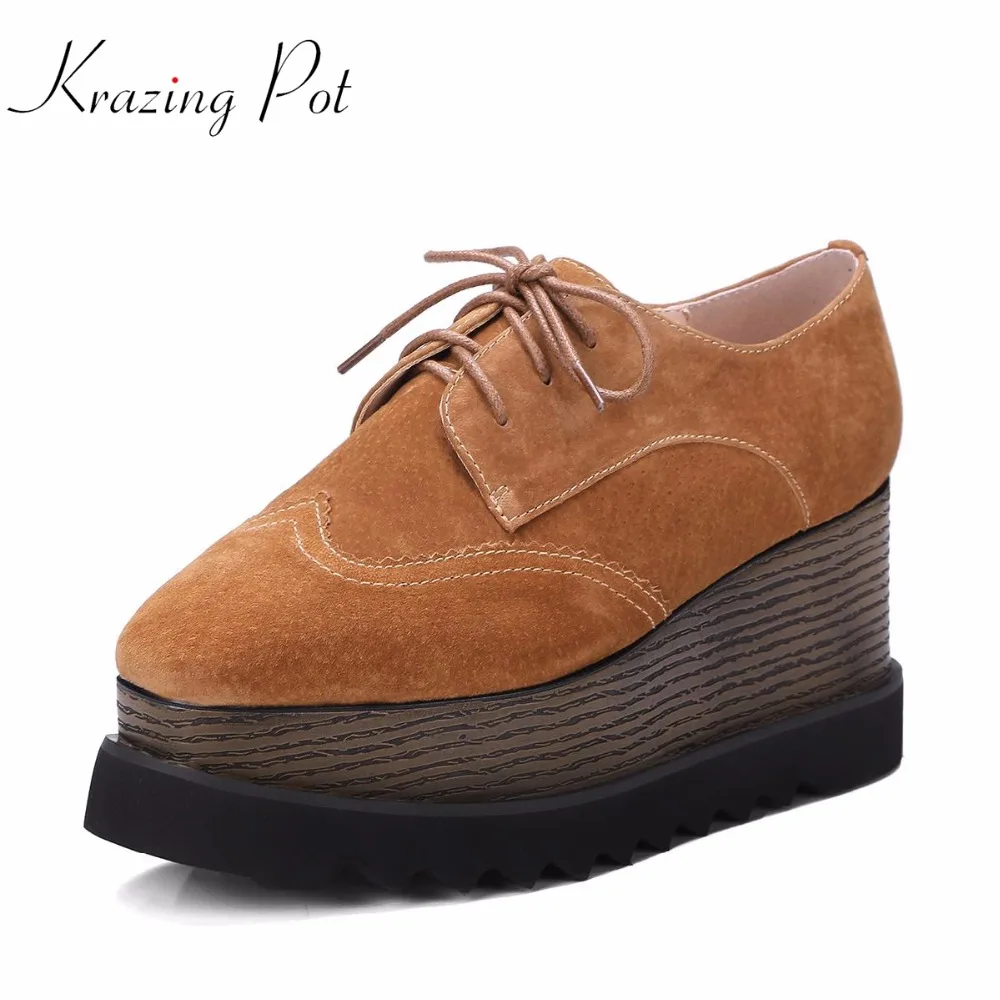 

Krazing Pot 2019 pig leather shoes women square toe women platform pumps lace up wedges Spring young lady increased shoes L71
