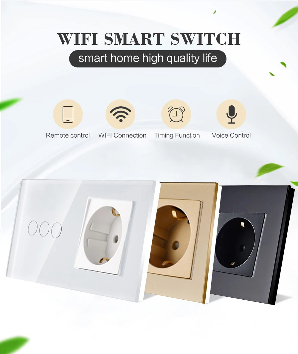 Interruptor de Toque Padrão da ue Controle sem Fio por Tuya Bingoelec Gang 1 Vias Painel Vidro Cristal Alemanha Tomada Interruptor Parede App wi fi 3 4 vidro cristal alemanha tomada interruptor parede controle sem fio por tuya app