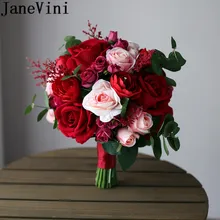 JaneVini новейший дизайнер свадебные букеты свадебный цветок шар красный розовый шелковые розы искусственная брошь букет невесты Ramo Novia Rosa