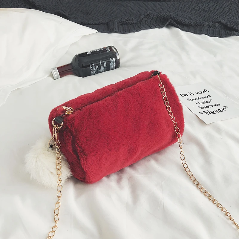 Hot Barrel Shaped Bag Velour Female Chain Handbag Fur Ball Women Purse Crossbody Messenger Shoulder Bags Sac A Main mujer bolsaIMG_5233
