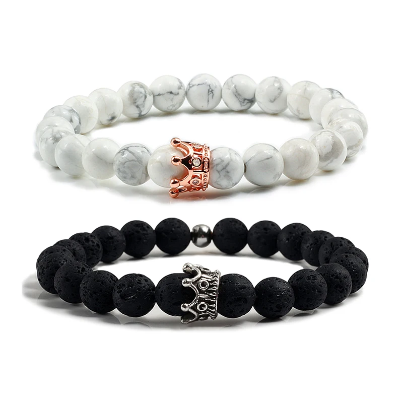 

Casual White&Black Mens Bracelets Copper Beads Turquoises Volcanic Lava Stone Women Crown Bangles Rosegold Handchains Lover Gift