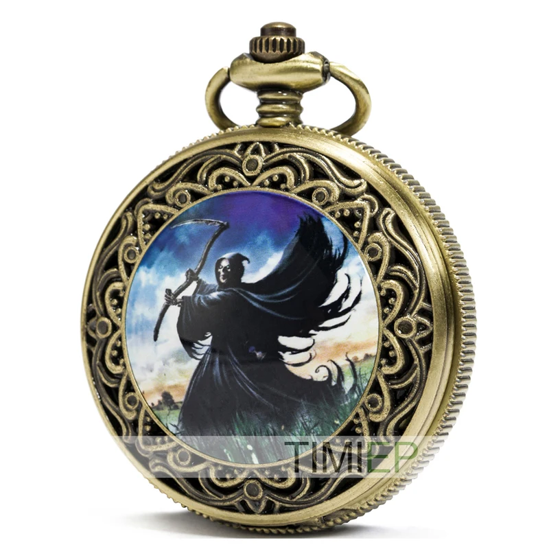 

SEWOR Fashion Bronze Quartz Enamel Grim Reaper Pocket Watch + Leather Gift Box