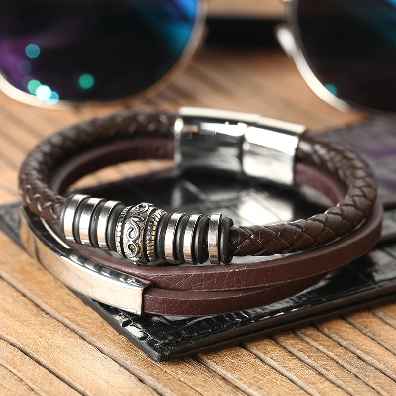 

Mcllroy leather bracelet/men/male/stainless steel/vintage/bracelets bangles multi-layer viking bangle jewelry male female 2018