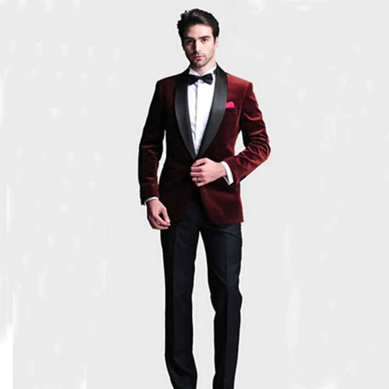 5346 22 De Réductionmode Un Bouton Hommes Costume Velours Rouge Foncé Marié Tuxedos Garçons Dhonneur Hommes De Mariage Bal Costumes Marié Veste