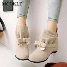 MCCKLE Women Spring Fashion Bowtie Ankle Boots Ladies Flock Slip On Height Increasing Shoes Female Sweet
