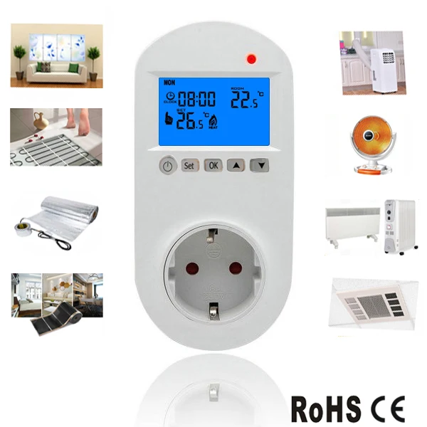 

Programmable Plug in Thermostat European Socket Underfloor Heating Film Cable Mat Wall Heater Oil Windows Air Conditoner