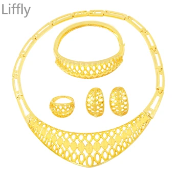

2019 New Fashion Dubai 24 Gold Jewelry Sets Necklace Ring Earrings Bride Wedding Engagement Jewelry Gift